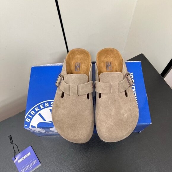 Birkenstock Shoes - Birkenstock Boston Taupe Suede Mule Clogs